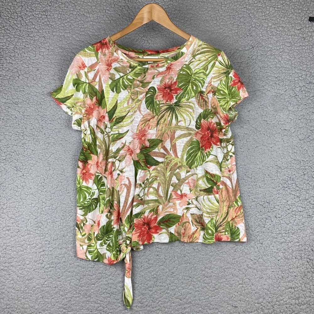 J.Jill Love Linen Tropical Floral Crop Side Tie Tee Shirt 100% linen Size S‎